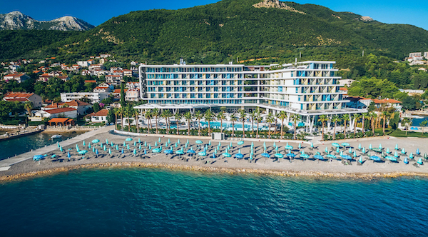 A view of the sea and pool at the Carine Hotel Kumbor 5* in Herceg-Novi, Montenegro